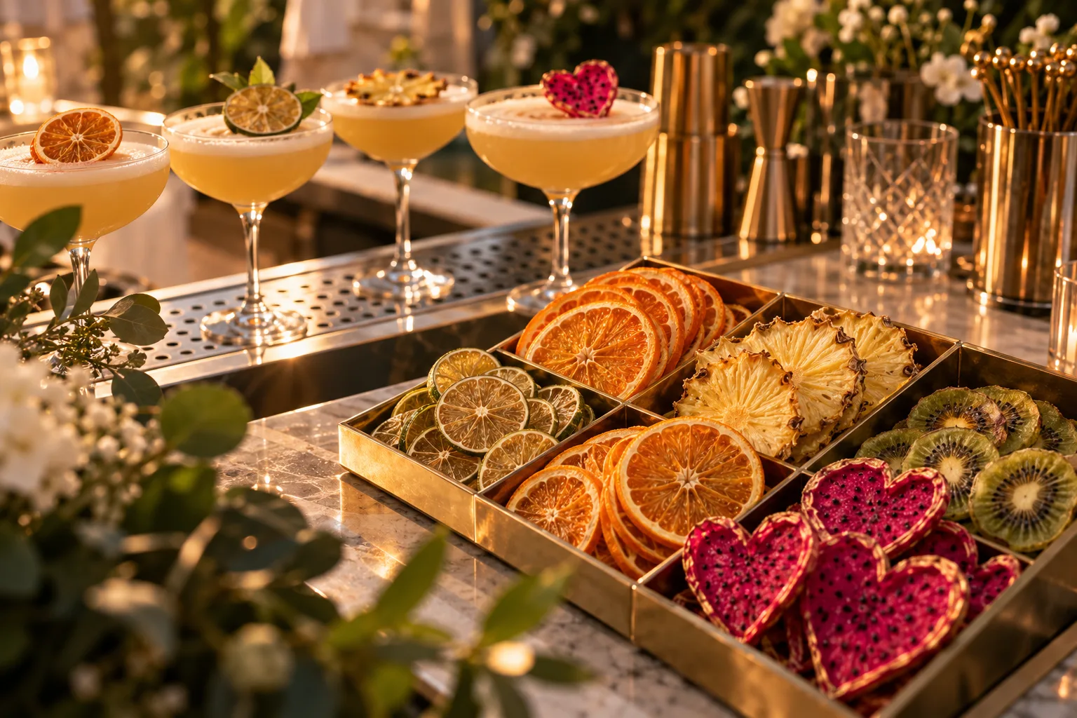 Estación de garnishes artesanales y frutas deshidratadas para bodas